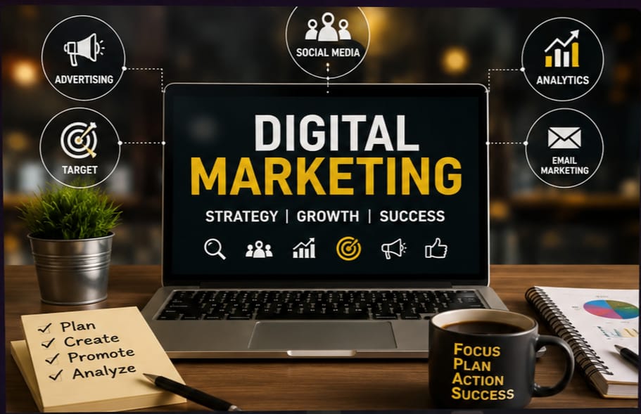 Digital marketing strategy laptop with advertising, social media, analytics, and email marketing icons